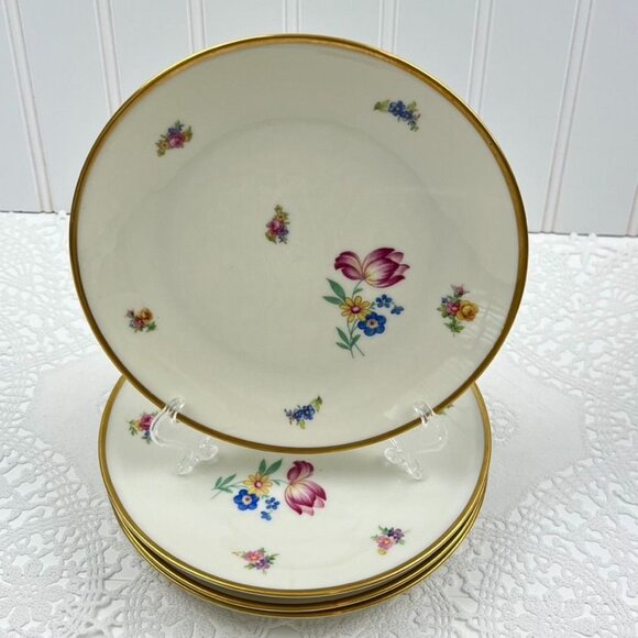 Vintage Hackefors 4 Dessert Bread Plates 32 Porslin Sweden Gold Trimmed Floral - Picture 8 of 9